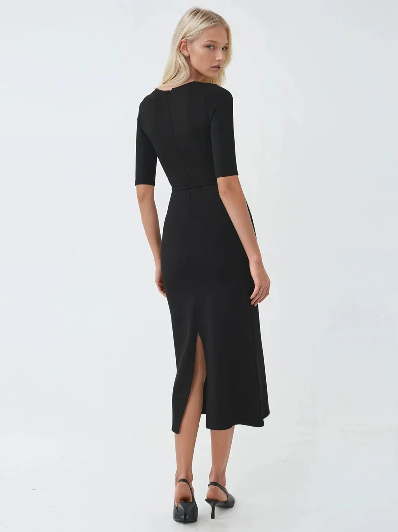 Busem Black BUSEM Belted Midi Dress with Square Collar for Women | Best Price UAE
